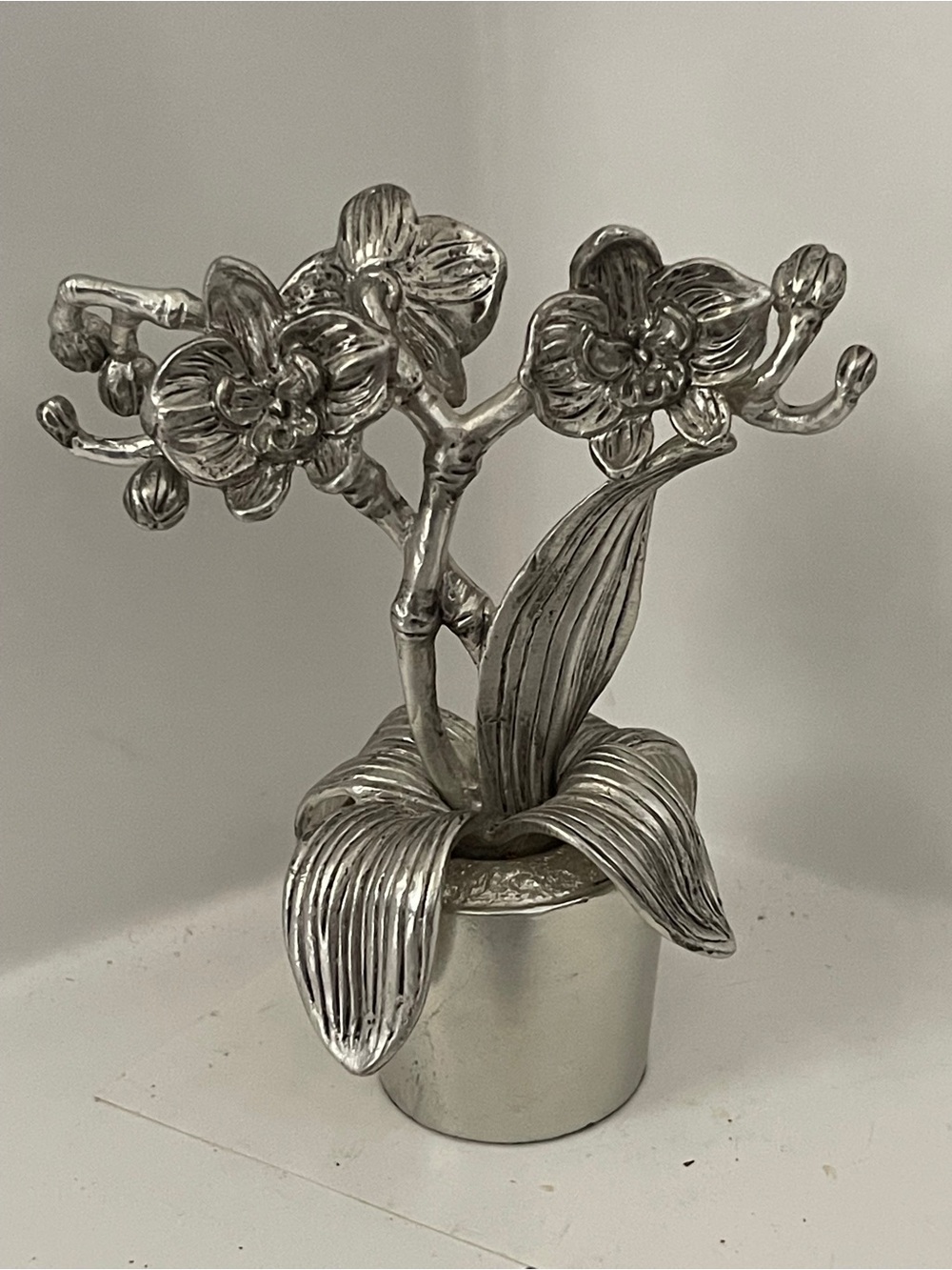 Arthur Court Silver Orchid Stemmed Sculpture Paperweight  Signed in Leaf